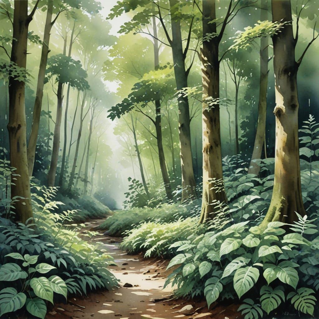 Vibrant Watercolor Forest Scene in Thick, Lush Greens