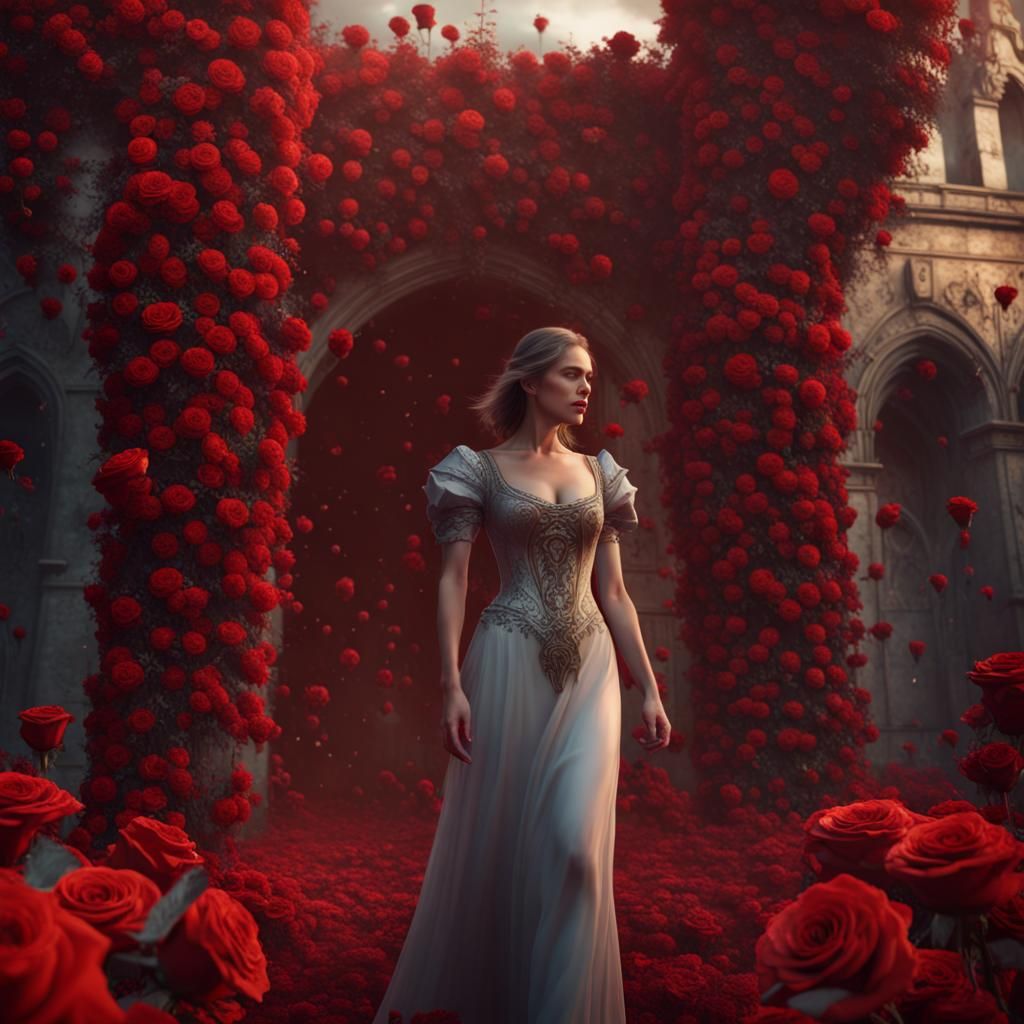 Eternal Beauty Among Red Roses: Fantasy Art