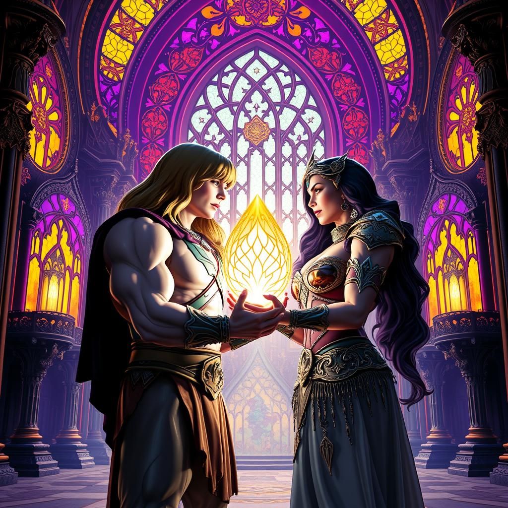 He-Man and Teela Hold Glowing Orb in Stained Glass Castle