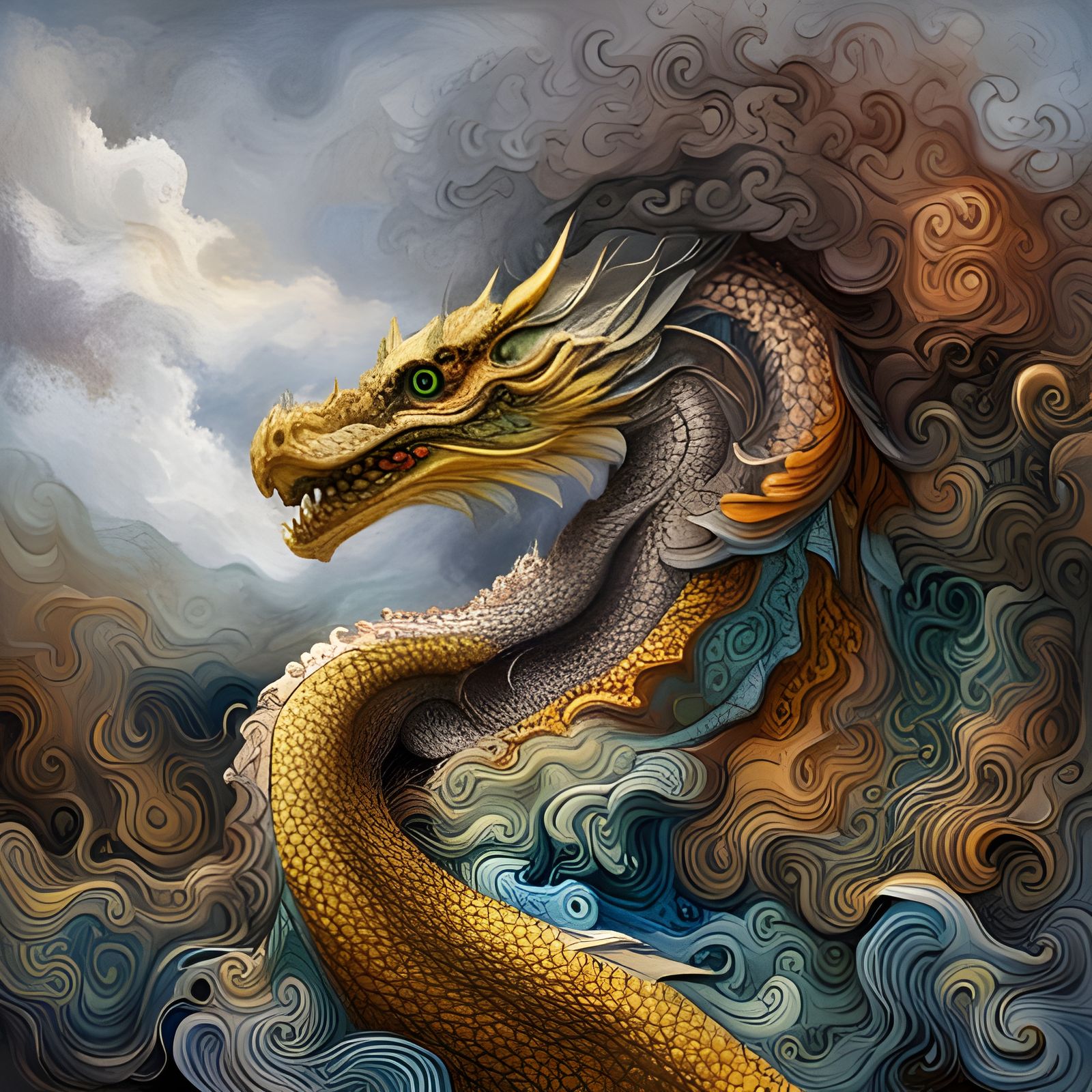 Colorful Dragon Collage in Oil Painting Style