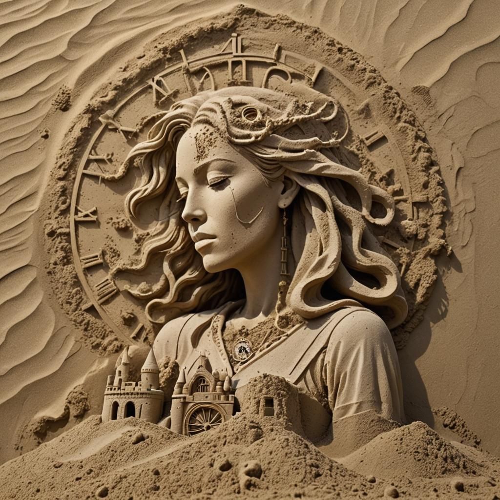 Surreal Sandcastle Dissolving into Clock Woman