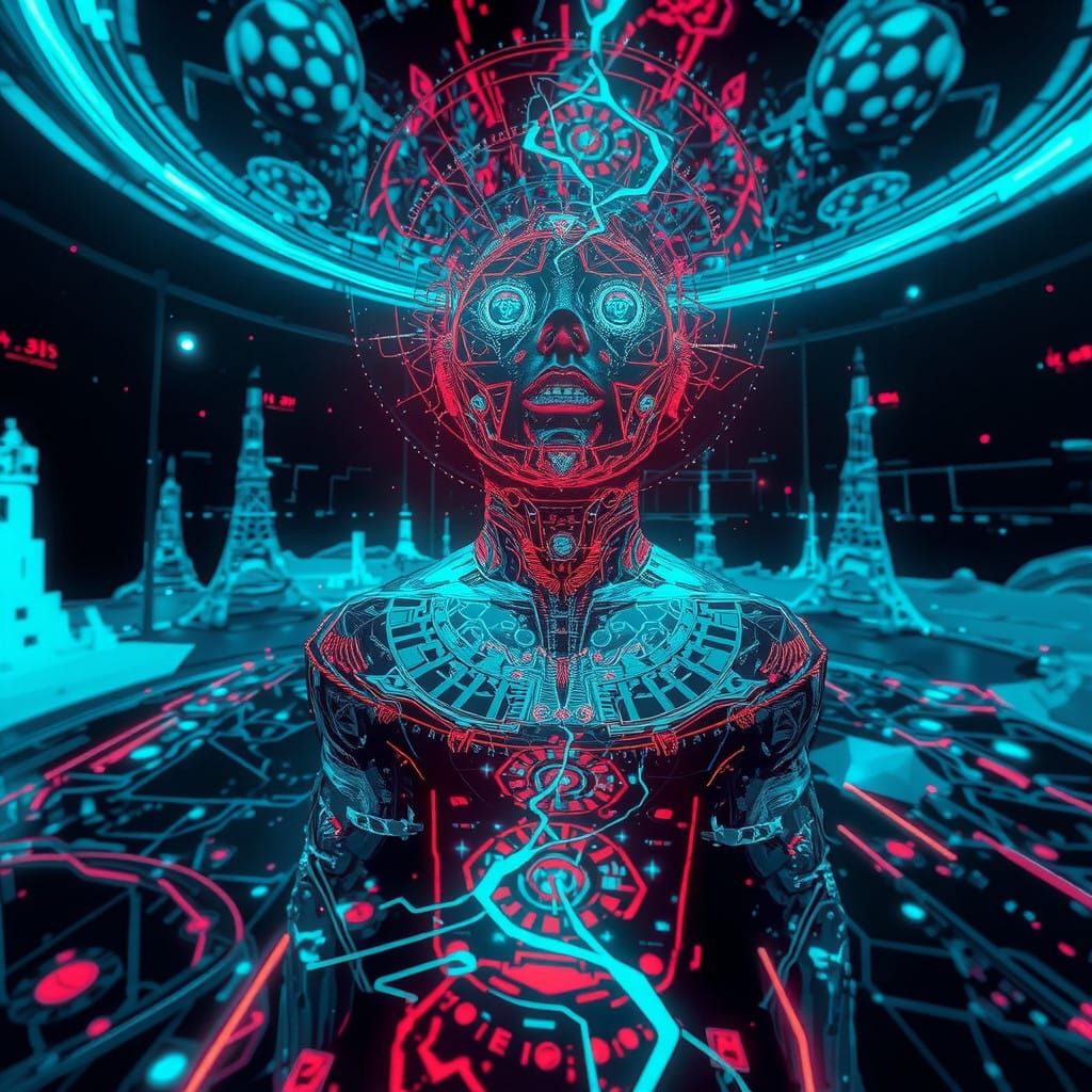 Futuristic Figure in Neon Holographic Projections