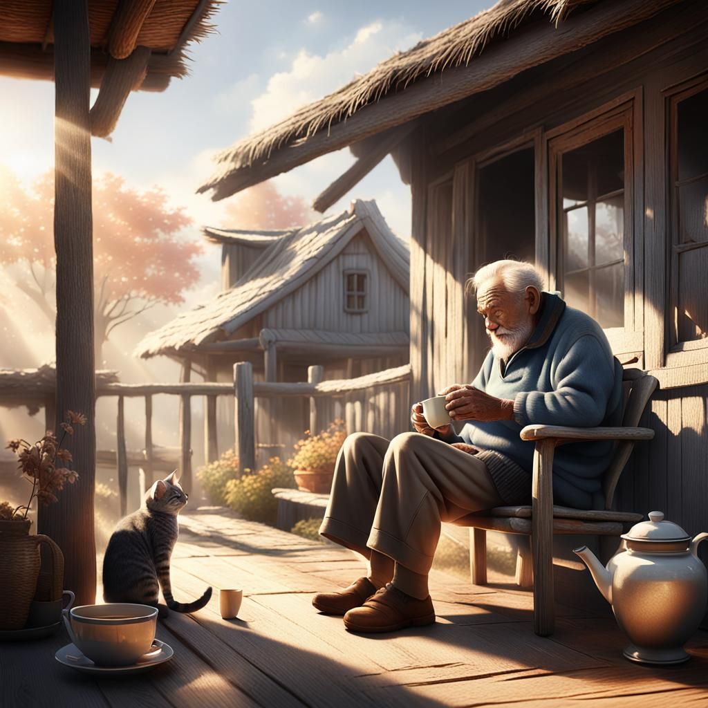 Serene Morning: Elderly Man and Cat in Sunlight