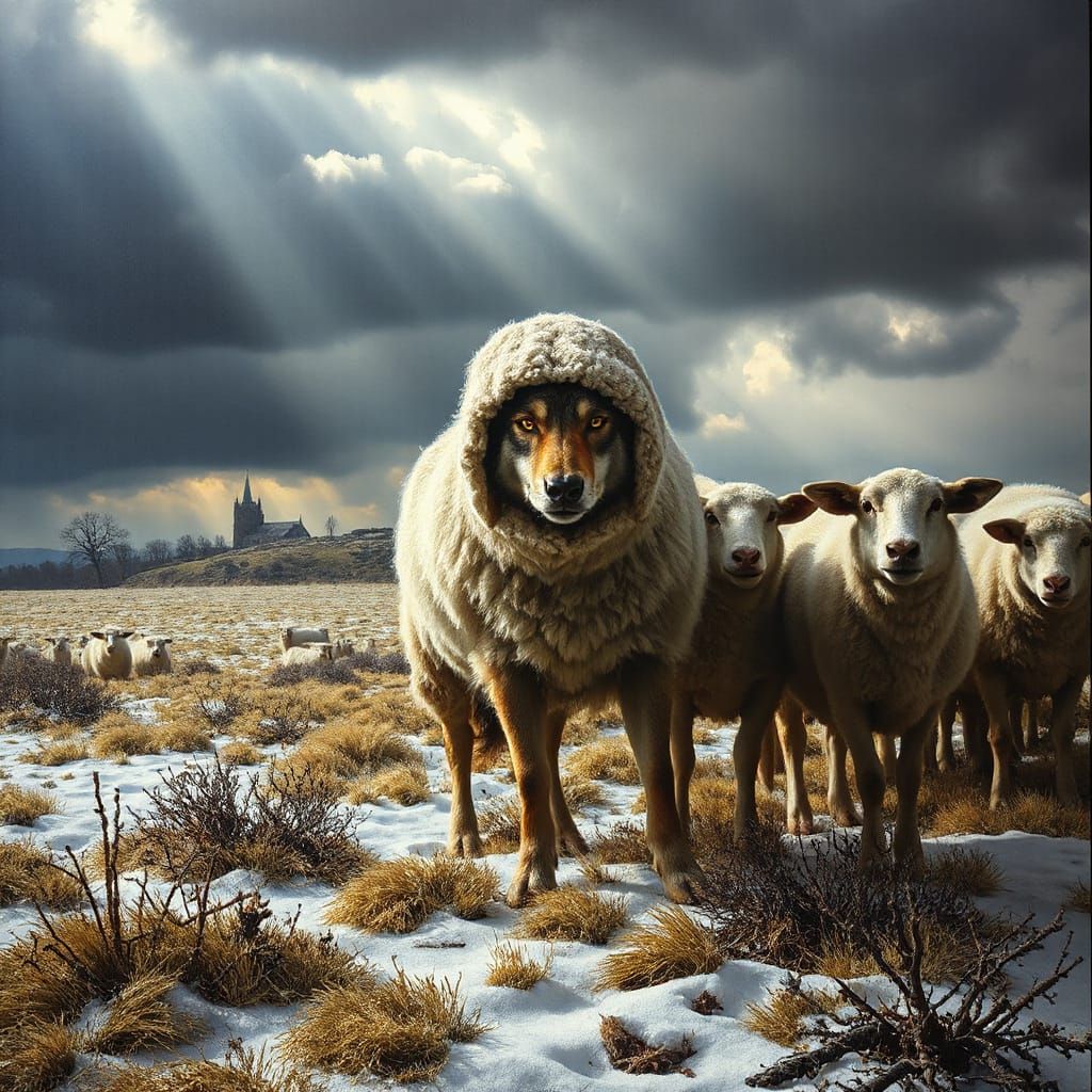 Chiaroscuro Oil Painting of a Wolf in Sheep's Clothing