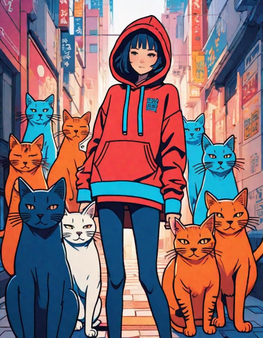 Anime Girl Surrounded by Cats in Haring Style