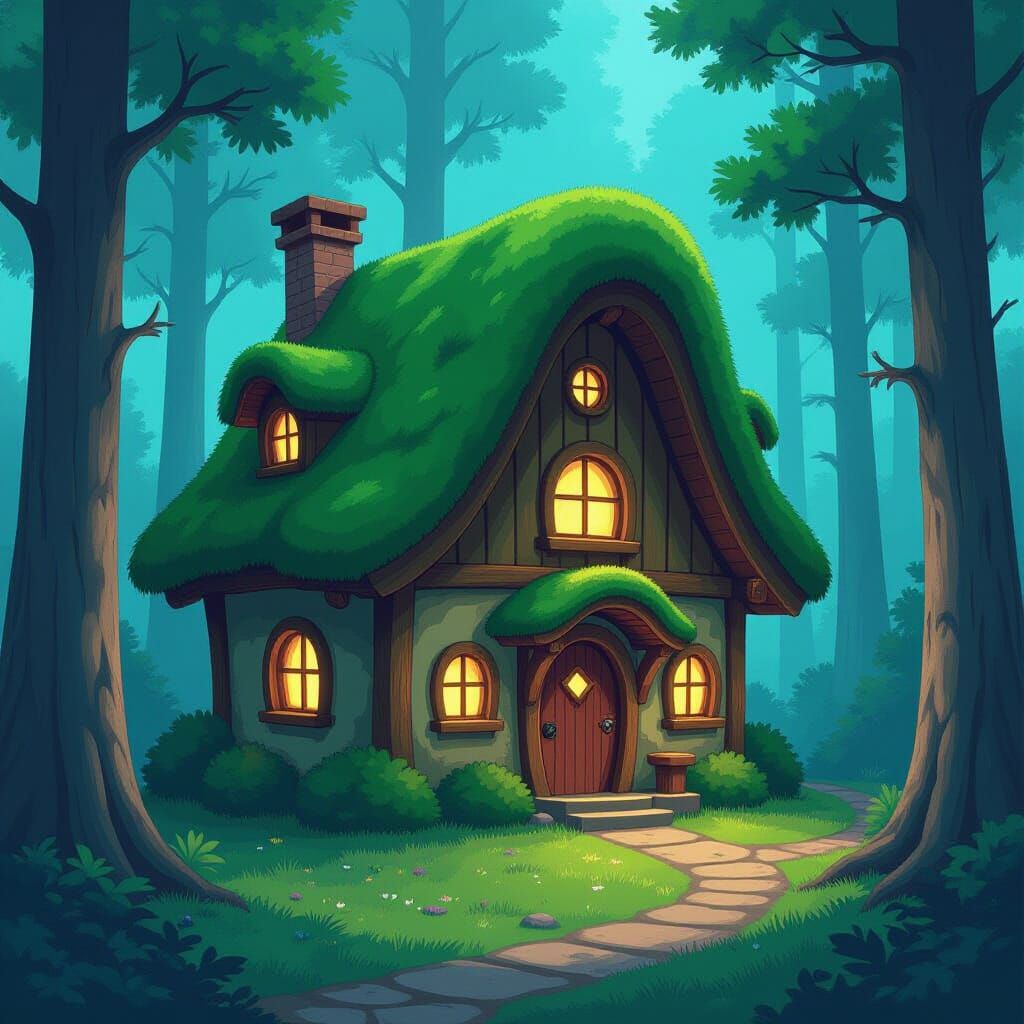 Mushroom House in Bioluminescent Forest, Animated Style