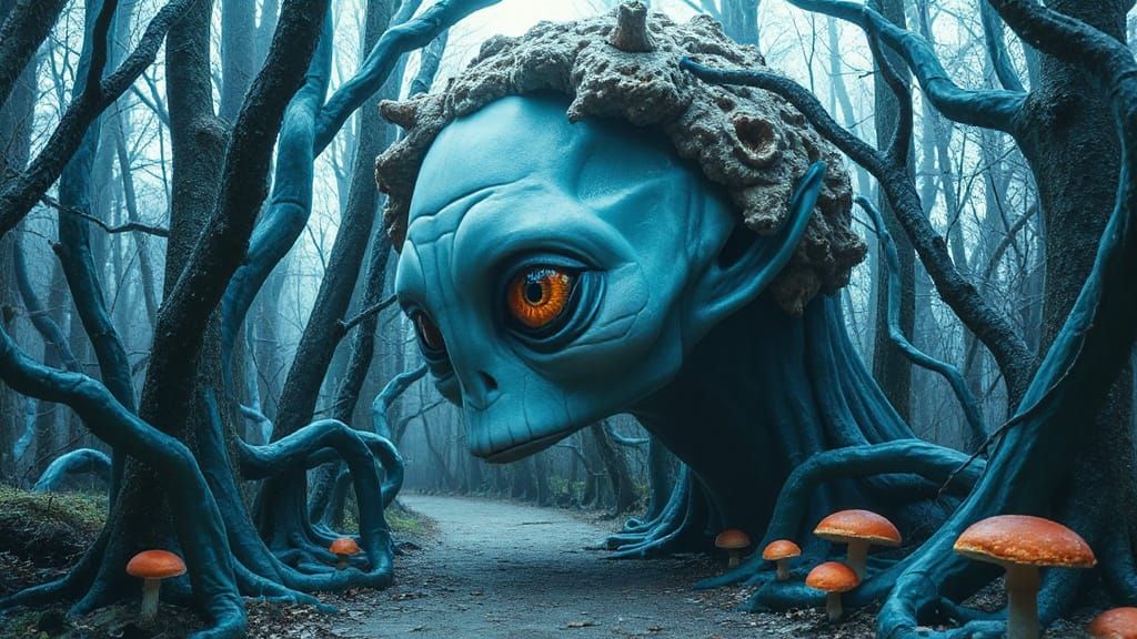 Surreal Blue-Skinned Alien in a Mysterious Forest Landscape