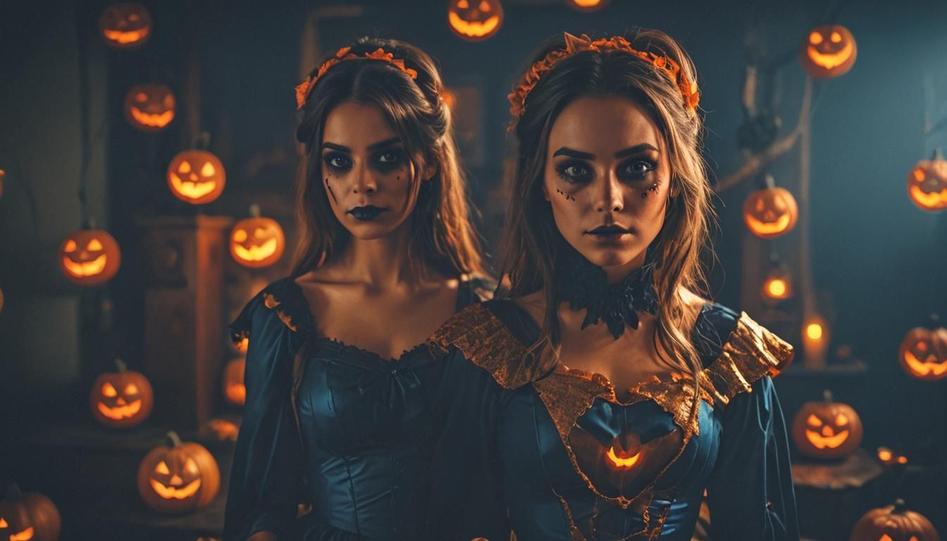 Girl in Halloween Costume with Jack-o-Lanterns