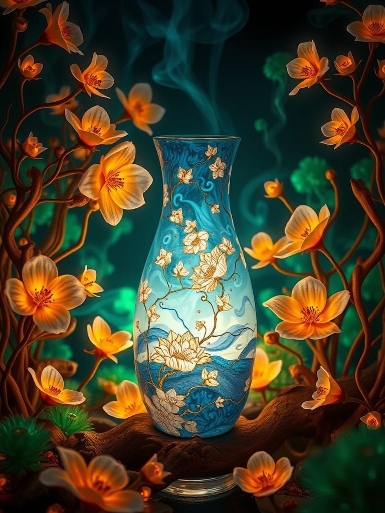 Sapphire Kintsugi Vase in Bioluminescent Kelp Forest