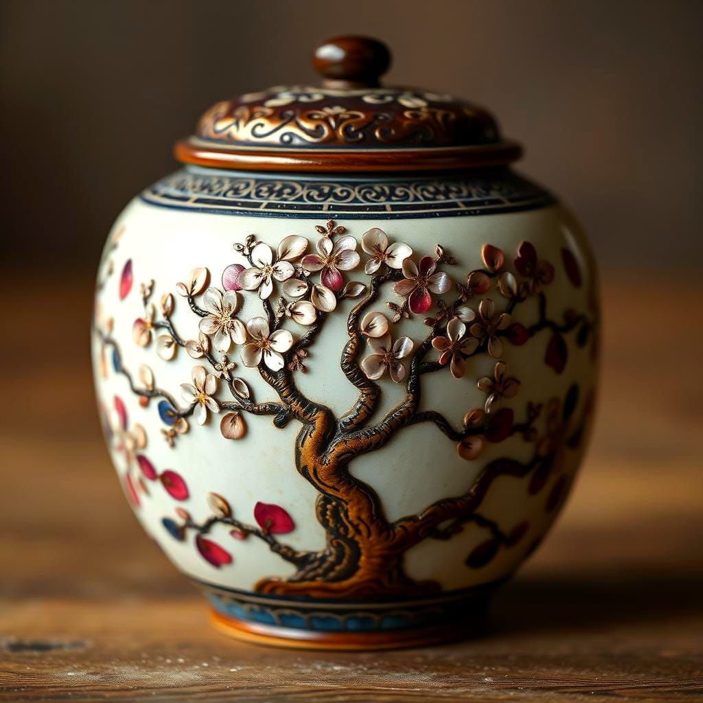 Ornate Ceramic Powder Container with Cherry Blossom Inlay