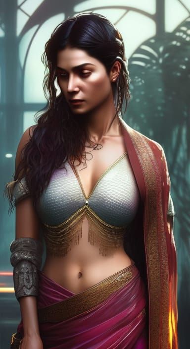 Indian Woman in Wet Saree: Hyperdetailed Portrait