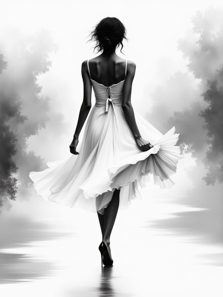 Ethereal Woman in Black and White Fashion Scene