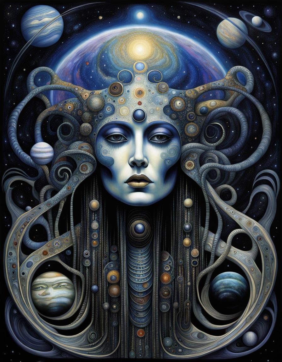 Cosmic Goddess in Dreamscape, Klimt-Giger Style