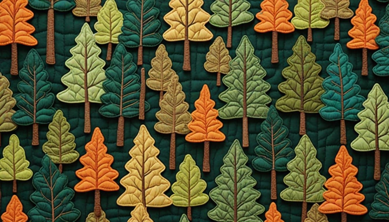 Quilted Woodland Scene with Fabric Leaves and Corduroy Trunk...