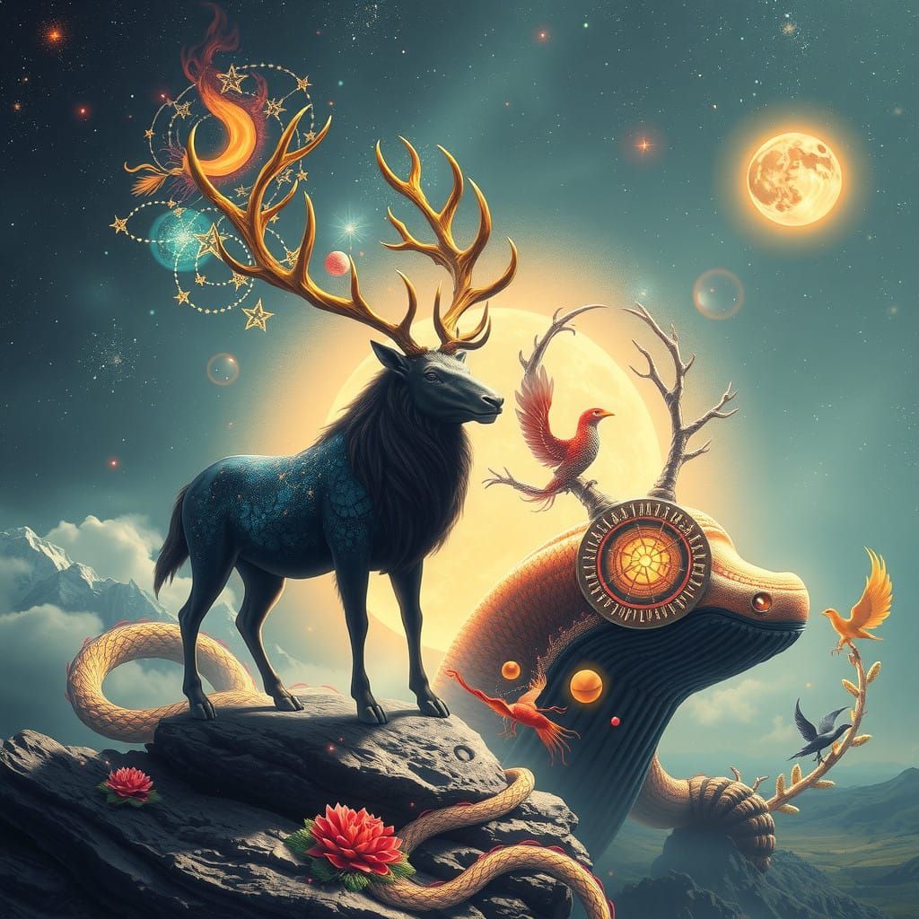 Celestial Stag and Cosmic Serpent in a Realm of Stardust and...