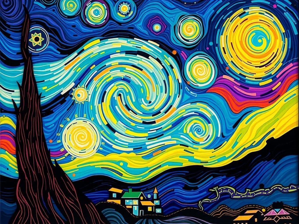 Vibrant Starry Night in Neon Hues