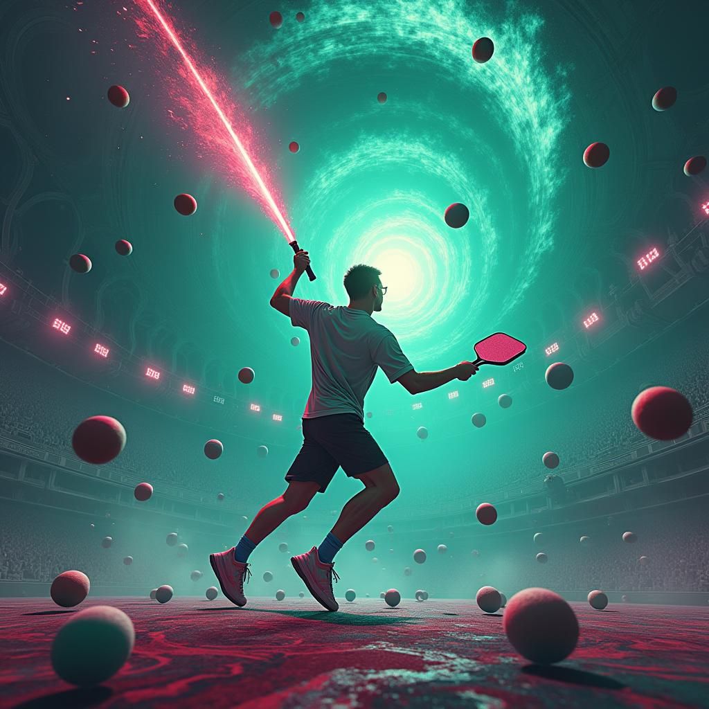 Dynamic Pickleball Player in Fantastical Stadium