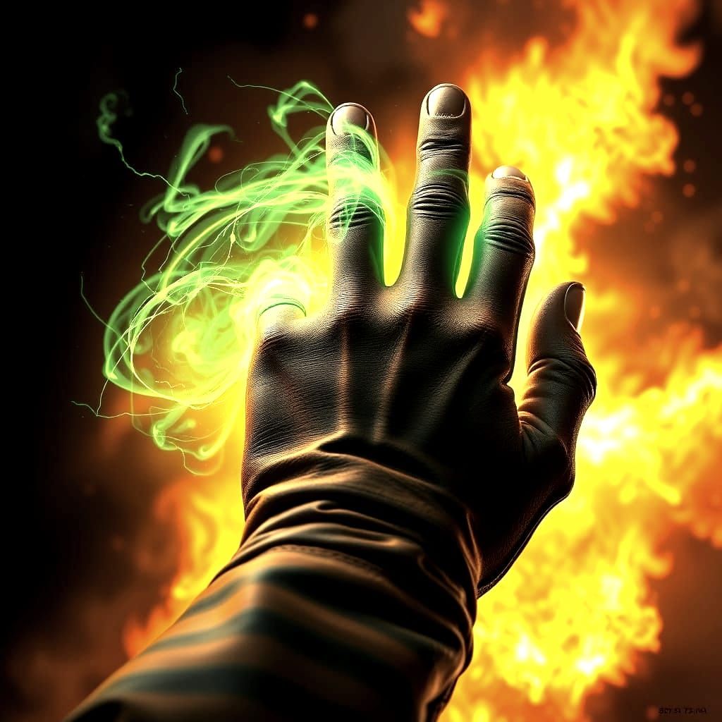 Hand Emitting Green Energy with Fire Background