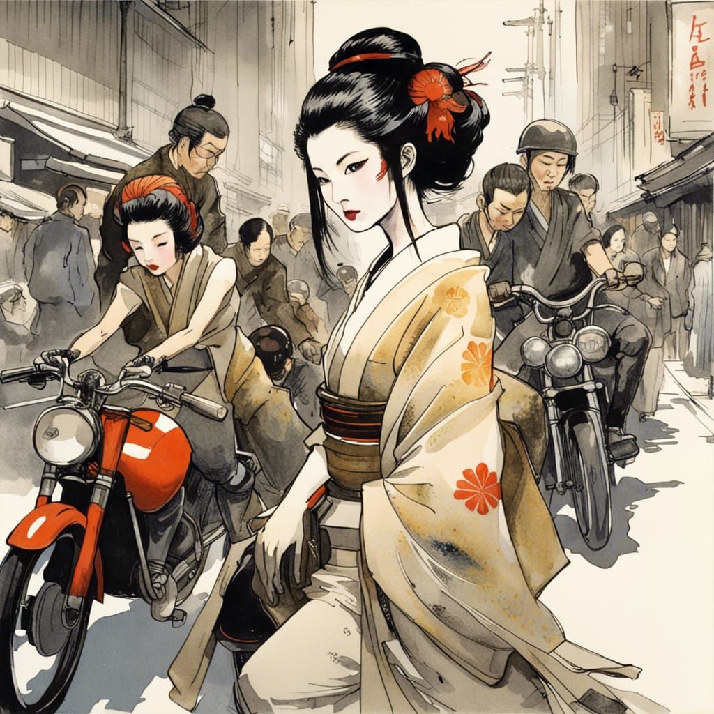 Geisha Selfie with Bikers in Tokyo, Game Art Style