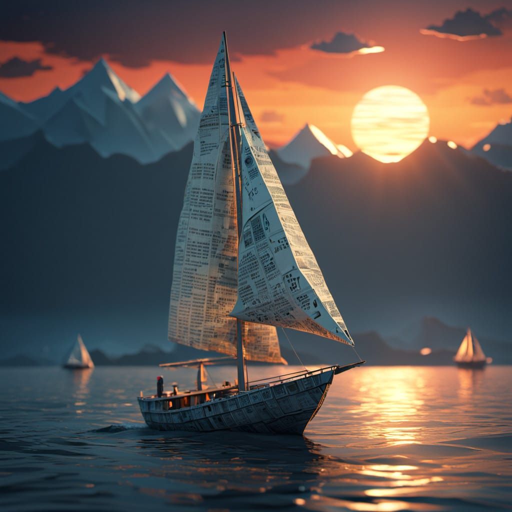 Origami Sailboat Glides Across Sunset Ocean