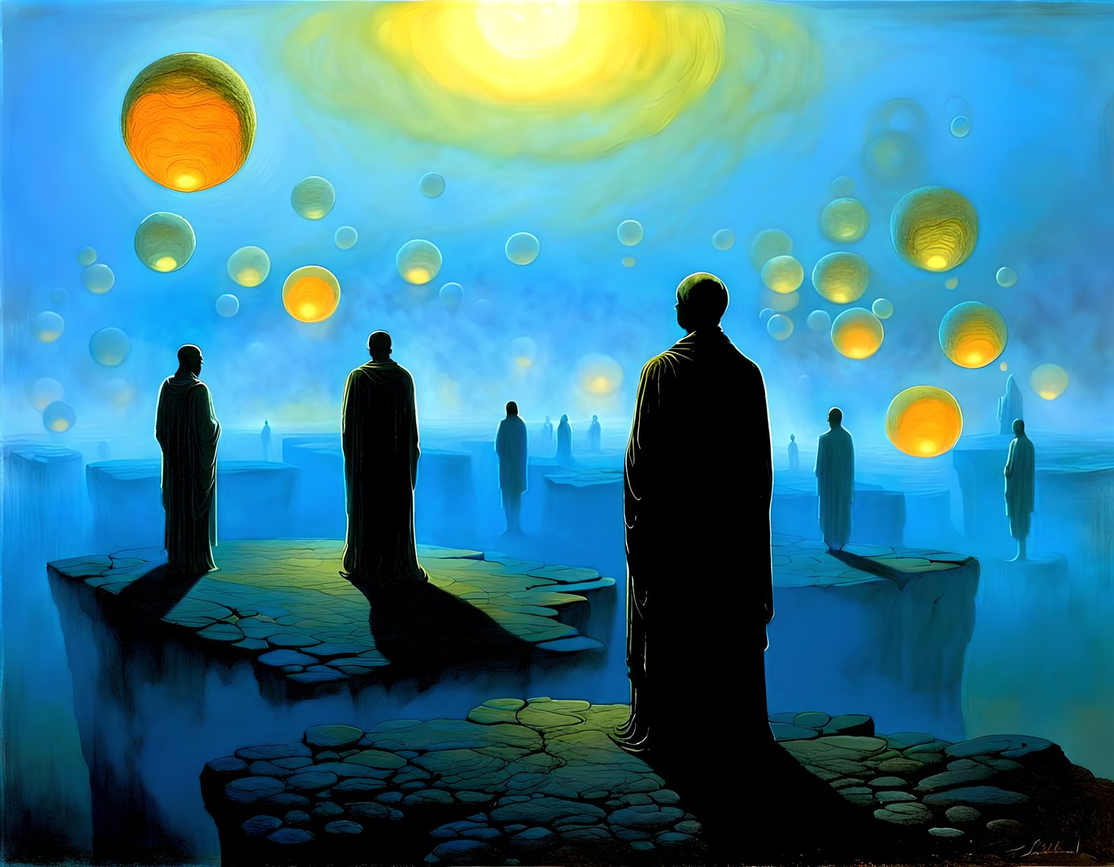 Ethereal Figure in Misty Expanse, Surreal Monochromatic Art