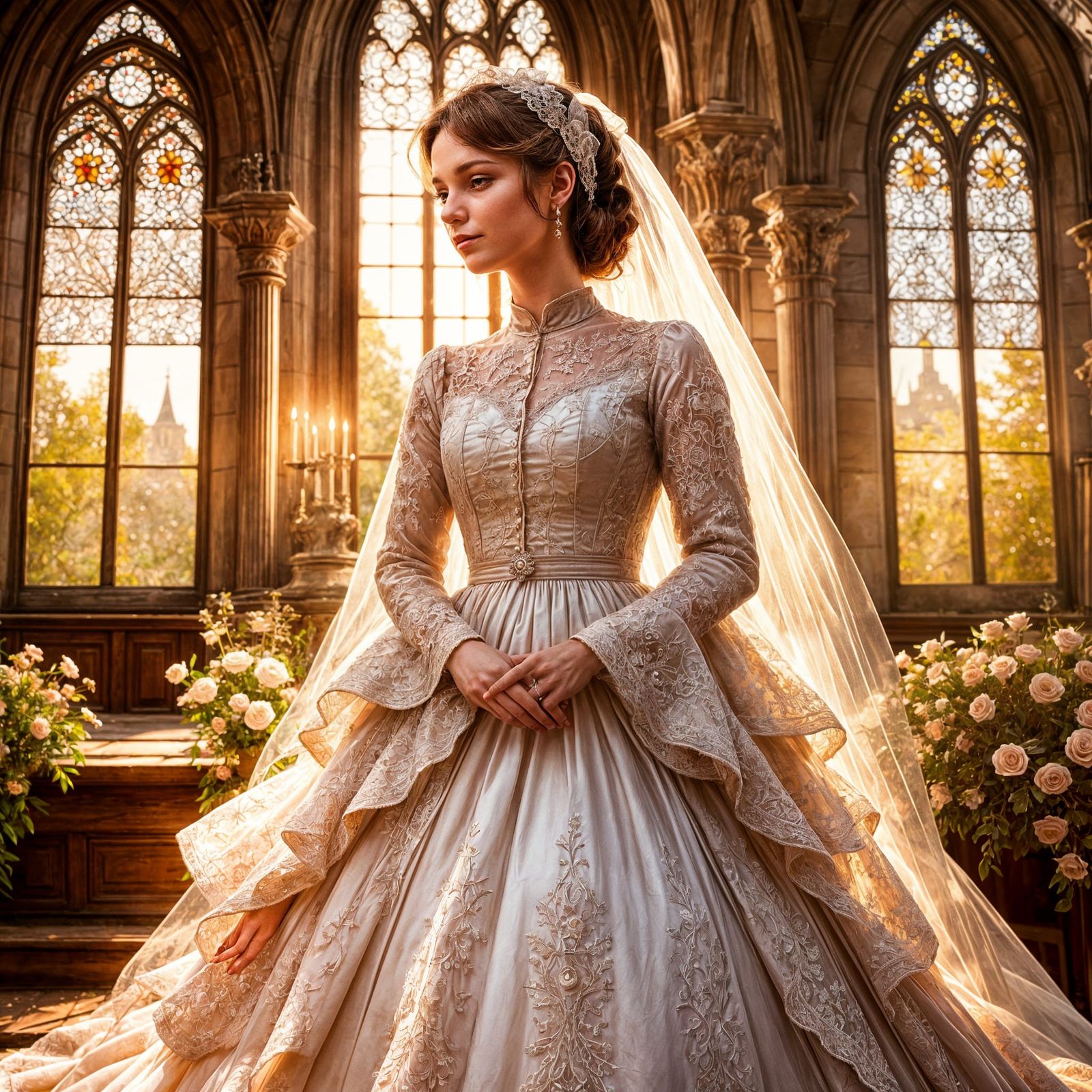 Victorian Bride in Elegant White Wedding Gown