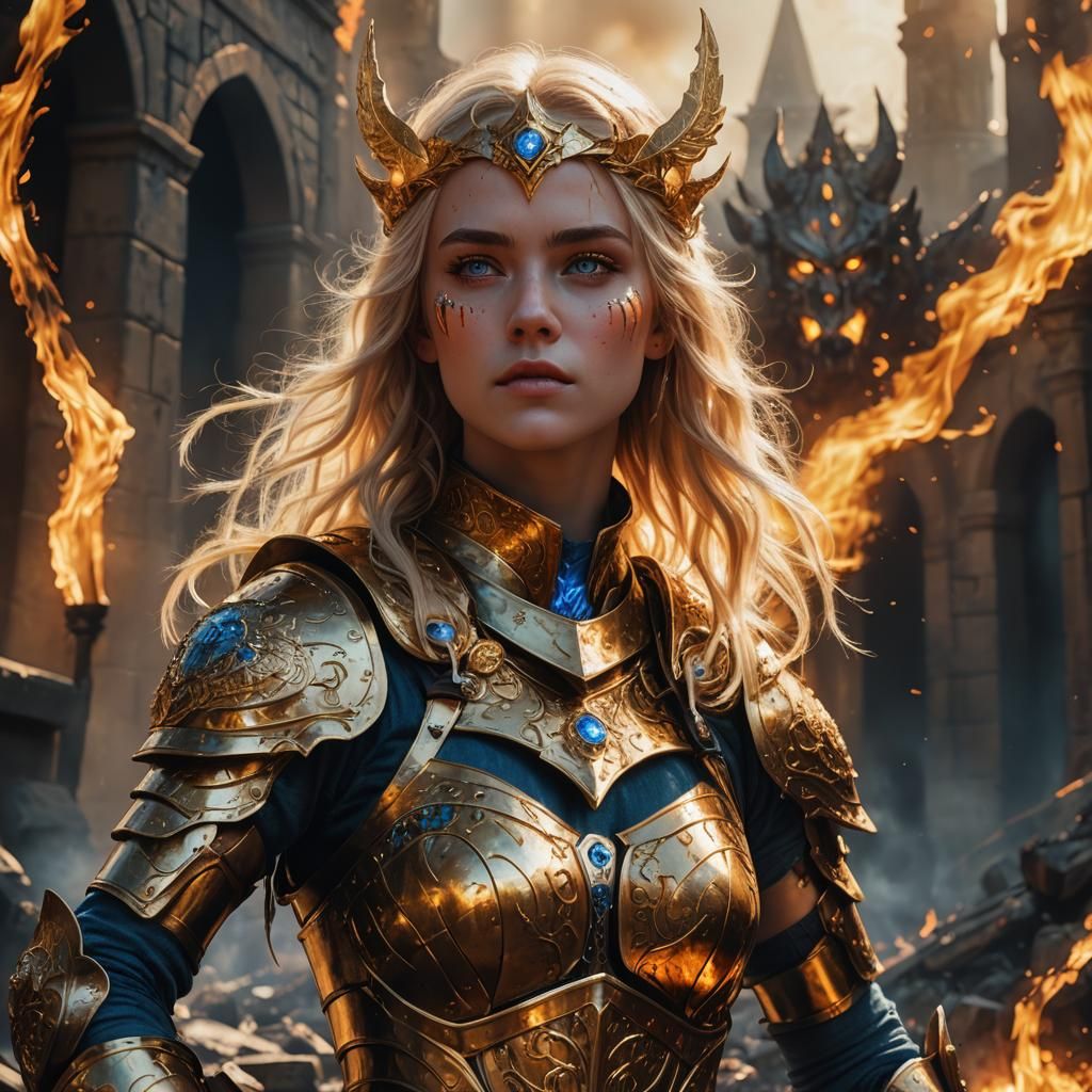 Fiery Queen in Golden Armor: Fantasy Warrior Art