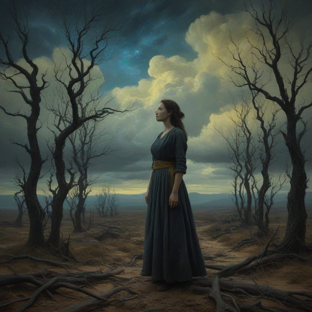 Ethereal Woman in a Haunting Landscape, in the Style of Greg...