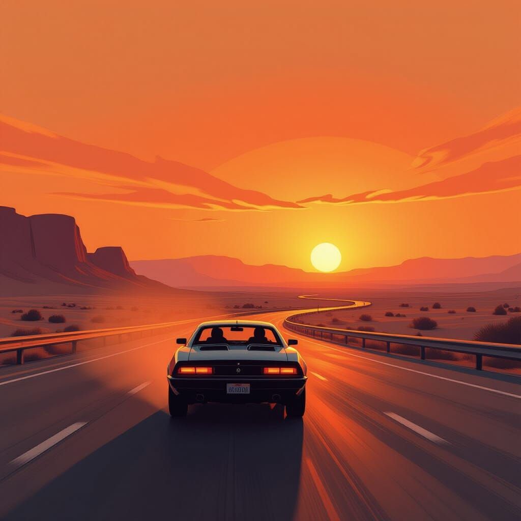 Driving Home at Dusk in Futuristic Style