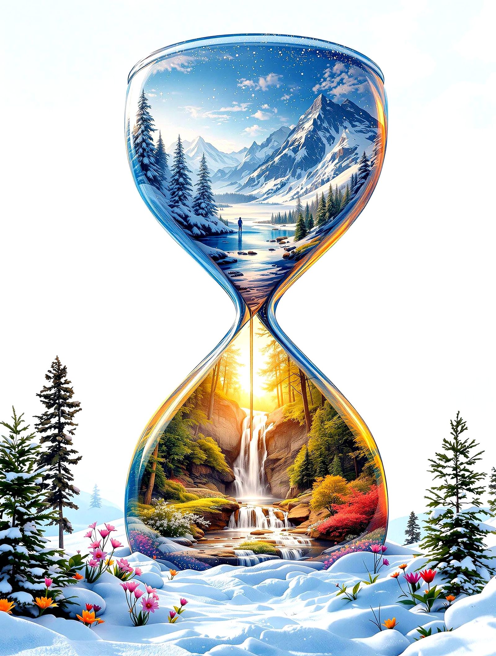 Vibrant Hourglass of Winter's Farewell and Spring's Awakenin...