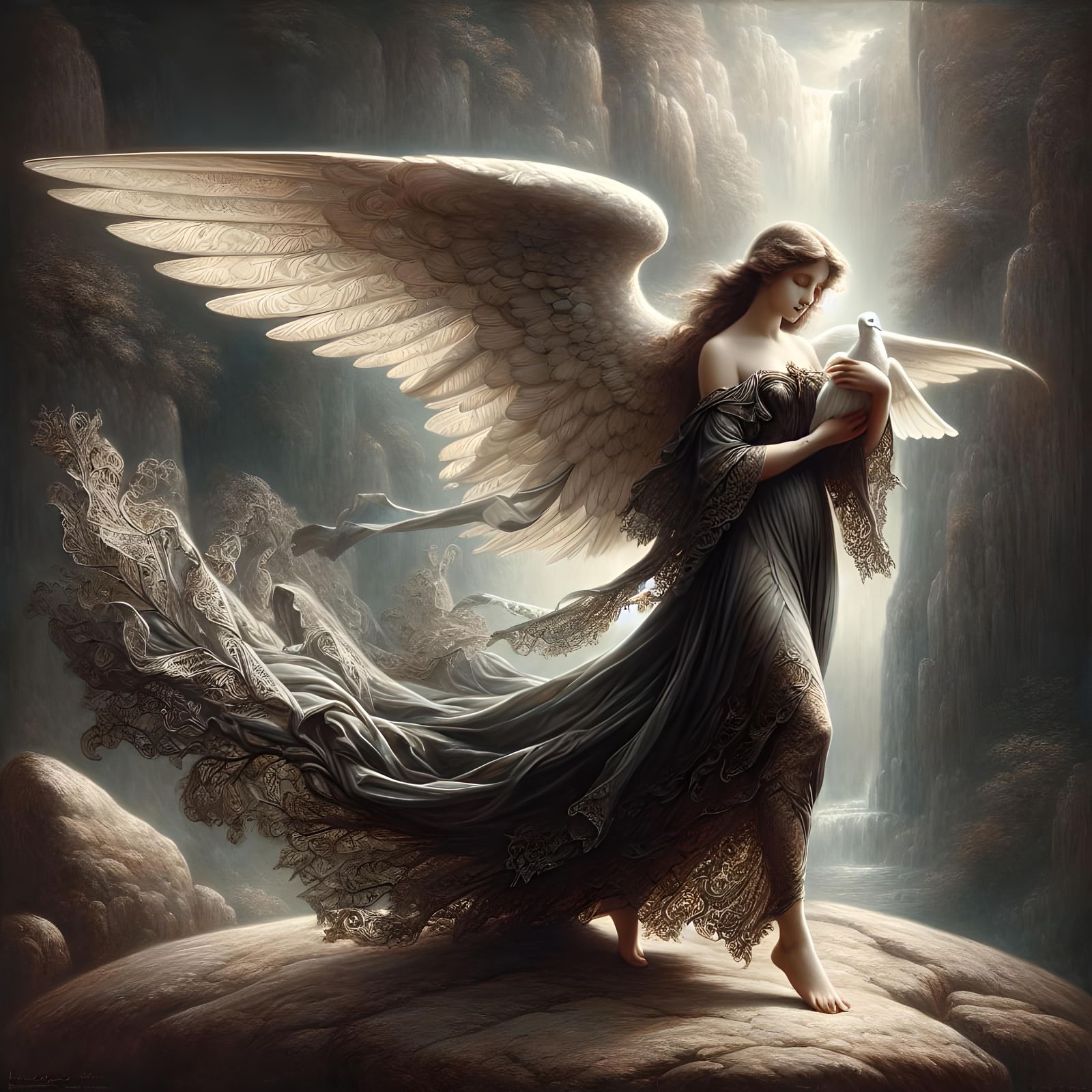 Elegant Angel on Boulder with Dove, Oil Painting