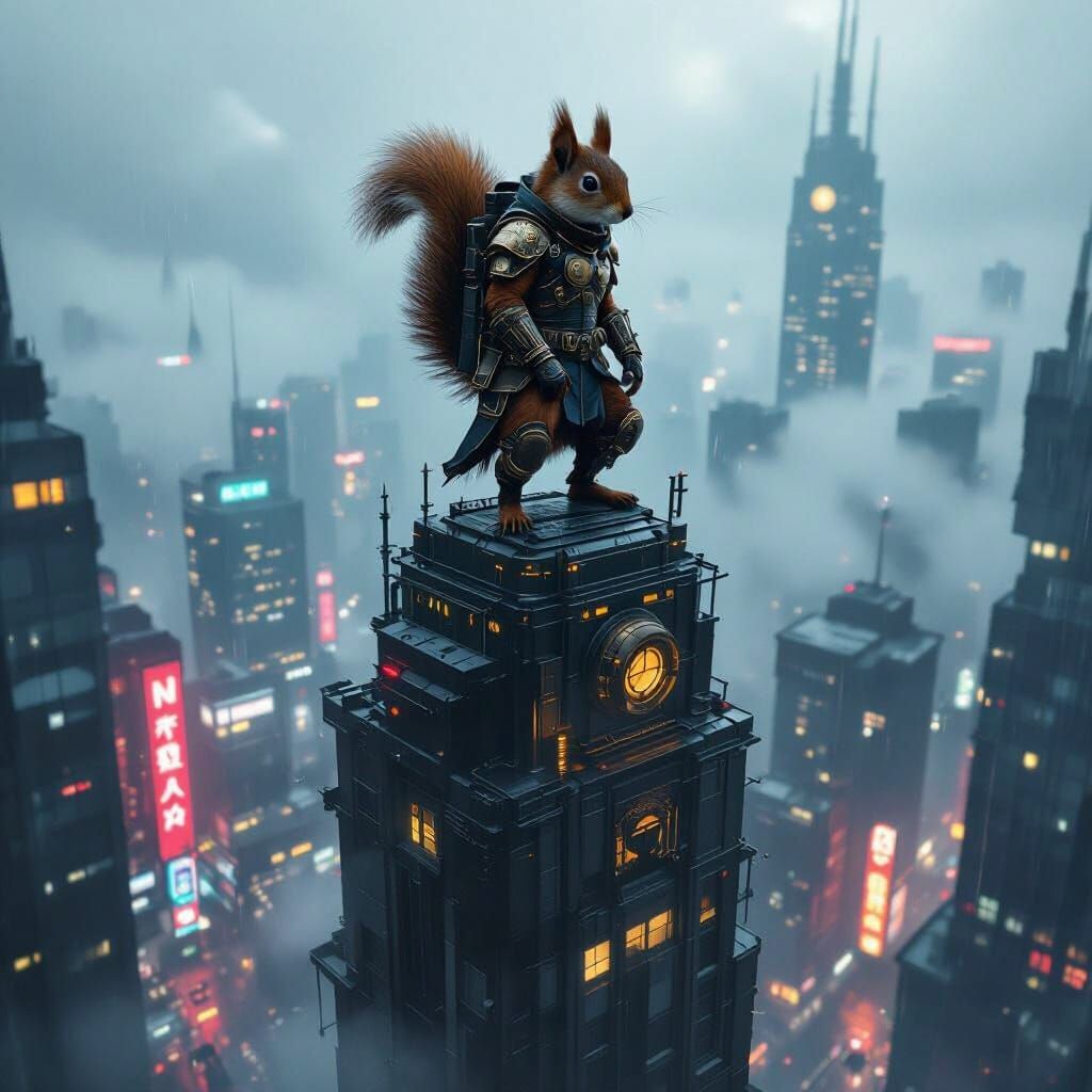Steampunk Squirrel Warrior on Futuristic Skyscraper