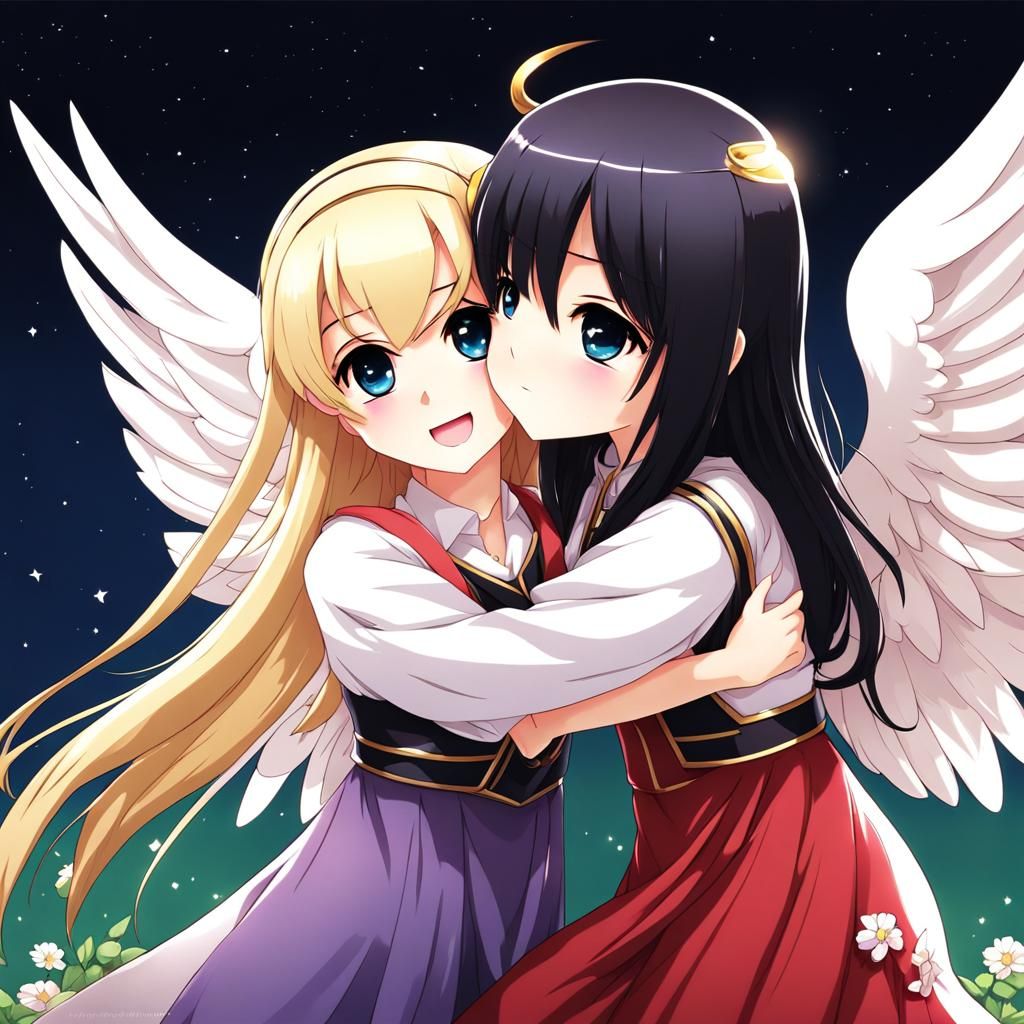 Chibi Girls' Happy Hug in Anime Style