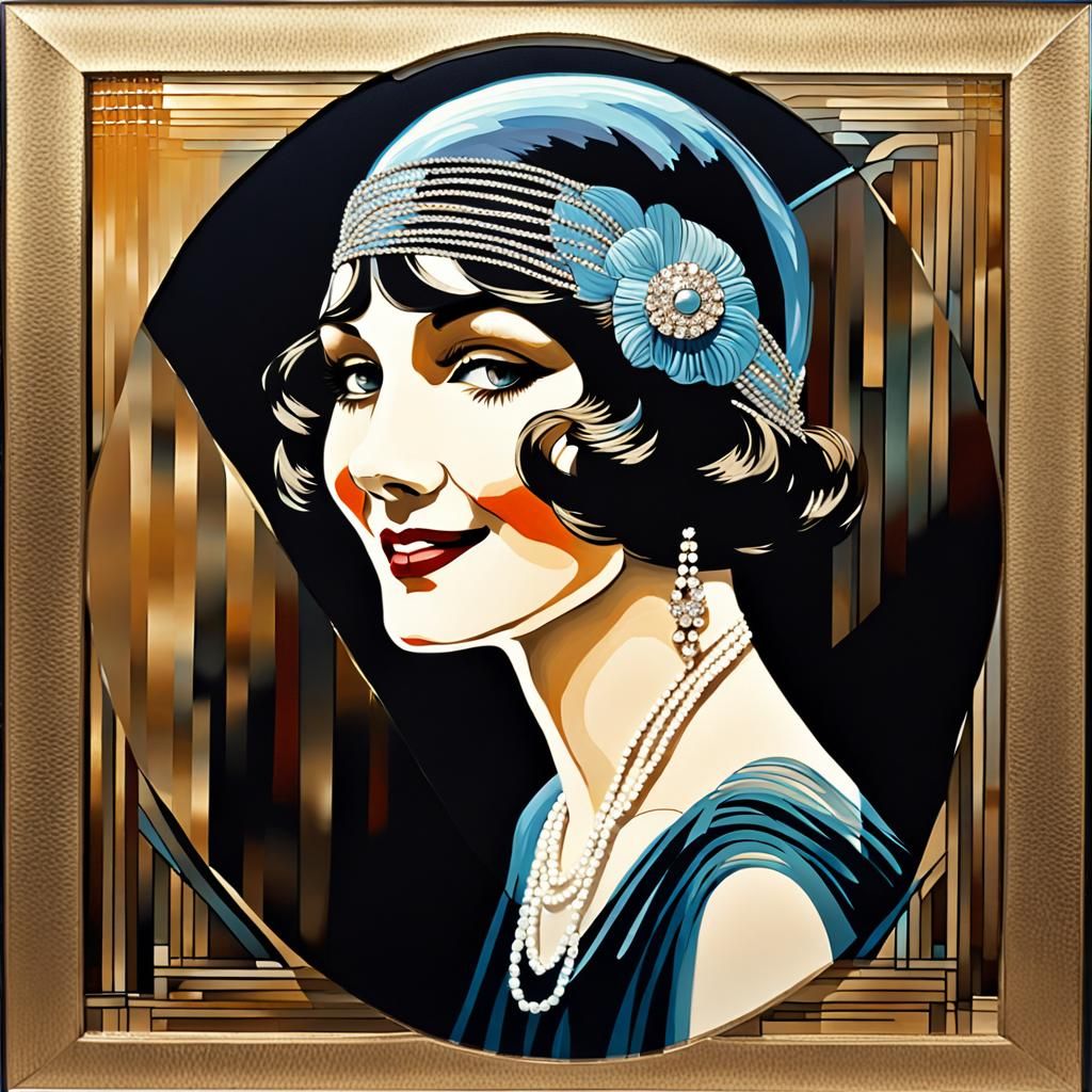 Elegant Flapper Girl with Mysterious Smile, Acrylic on Glass