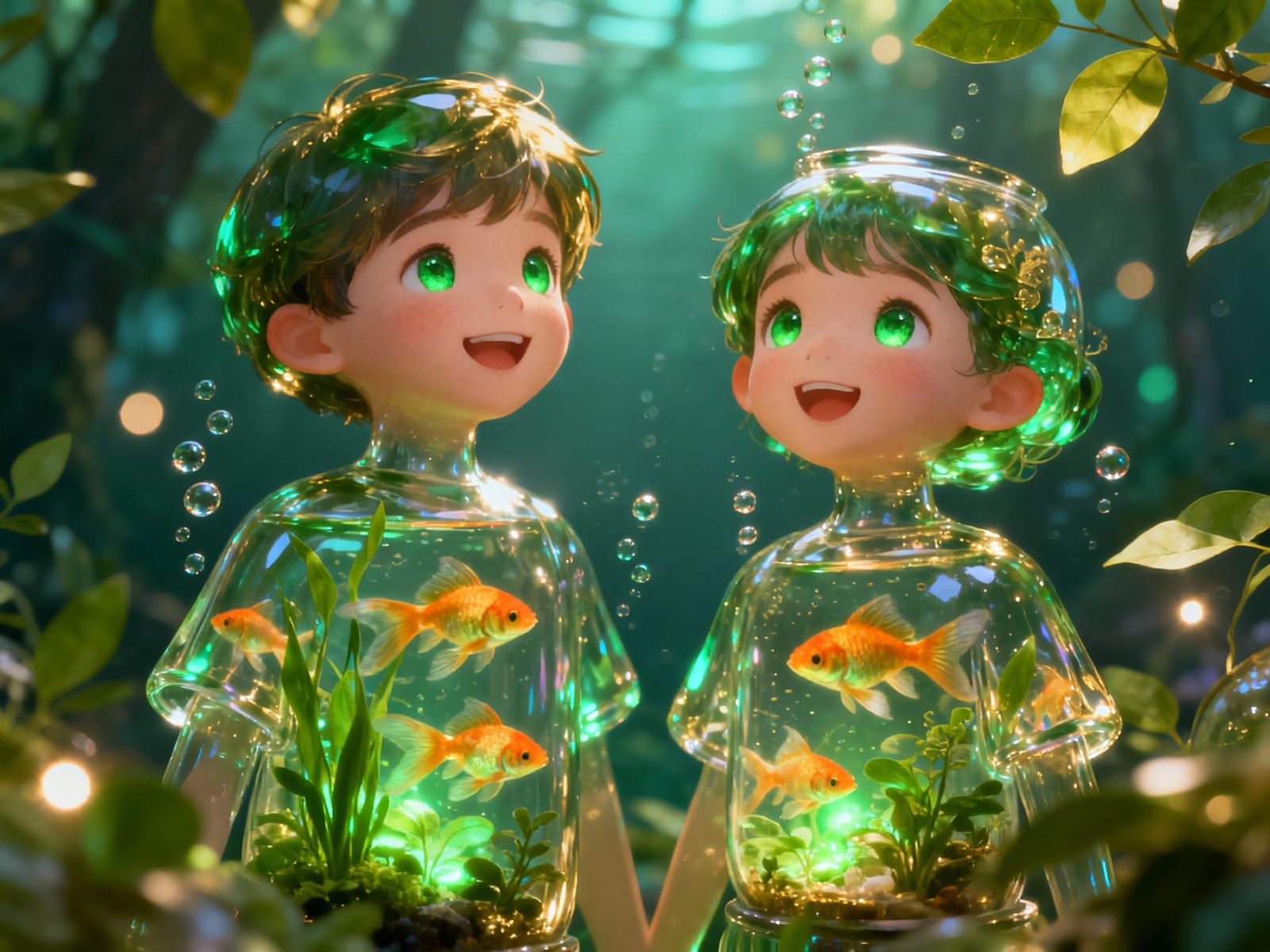 Crystal Children Filled With Goldfish in Enchanted Aquatic F...