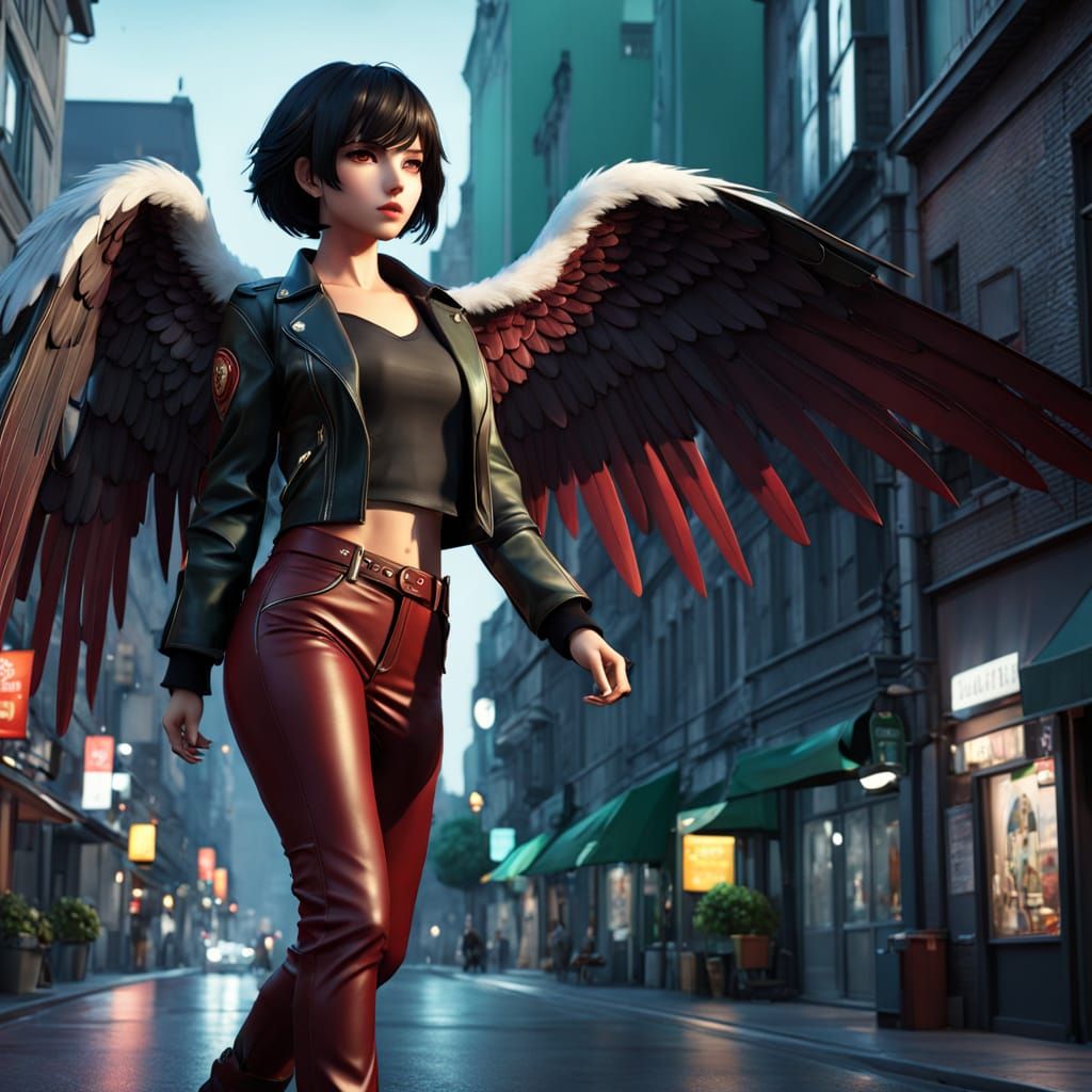 Anime Angel Walking City Street at Night