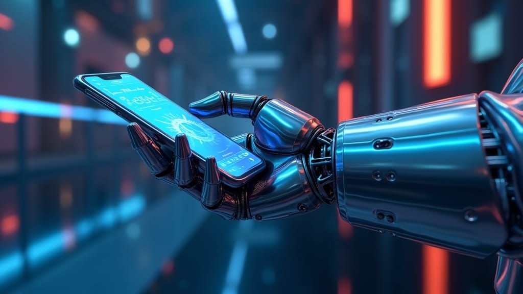 Futuristic Robot Hand Holding Smartphone in Neon Light