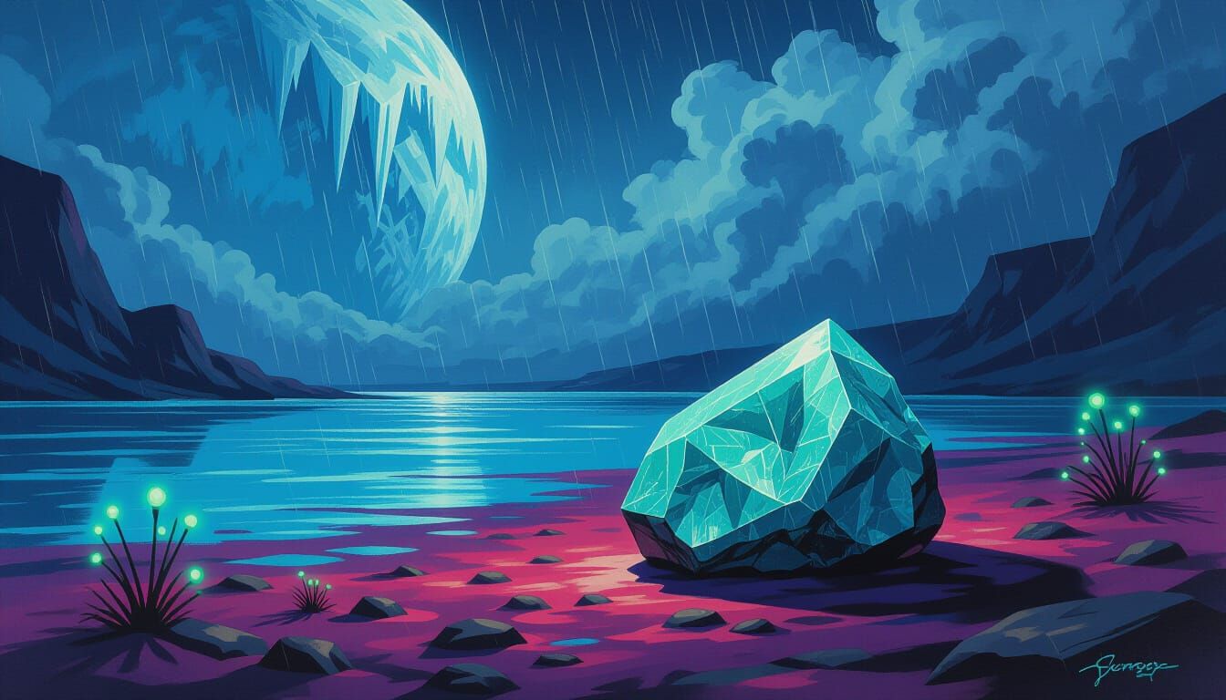 Alien Riverbed with Ice Planet in Oil Painting Style