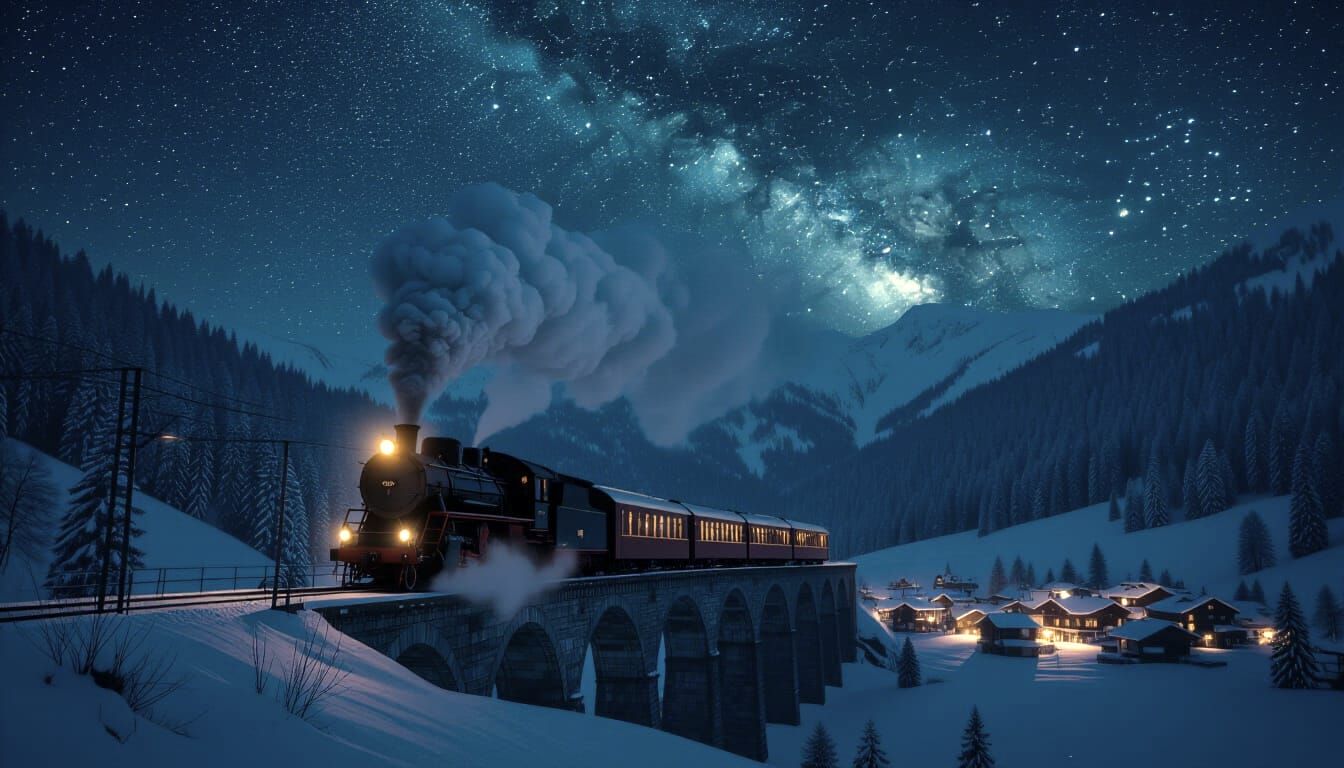 Vintage Steam Train Crossing Alps Viaduct at Night