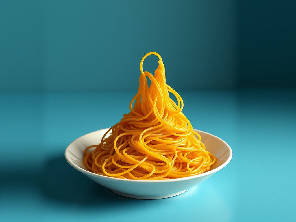 Golden Spaghetti on Blue Table in Hyper-Realistic Style