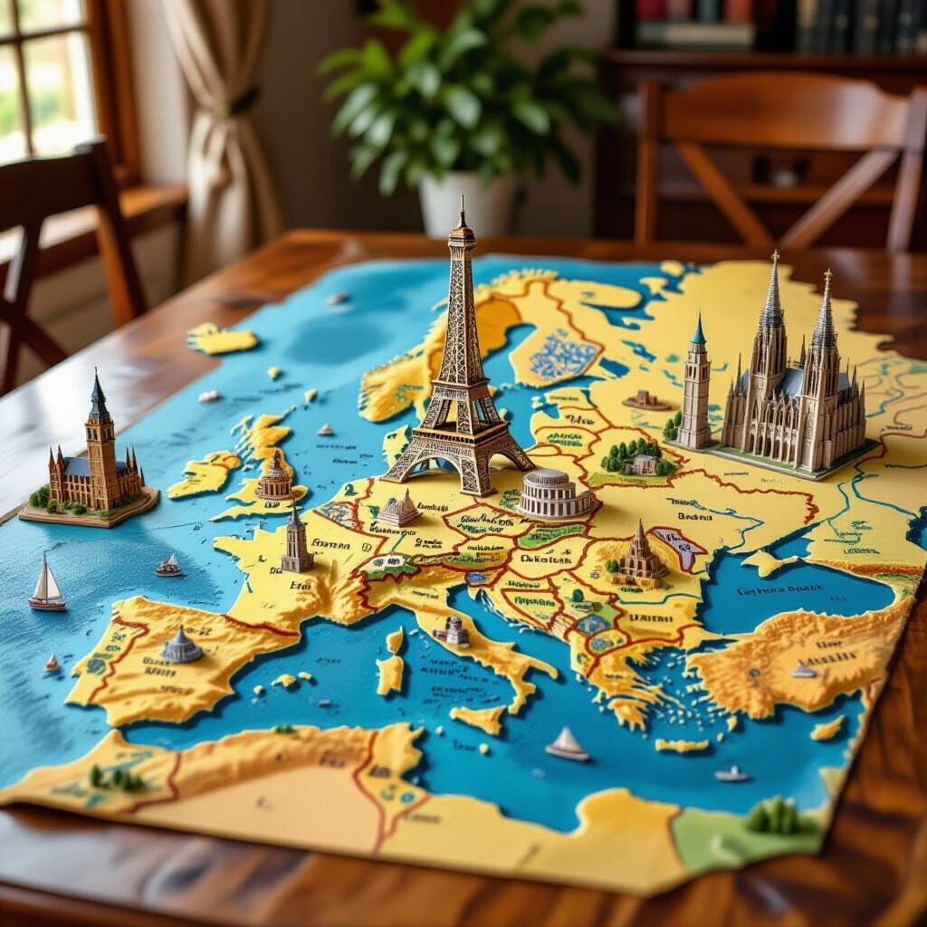 Europe Map with 3D Landmarks on Wooden Table