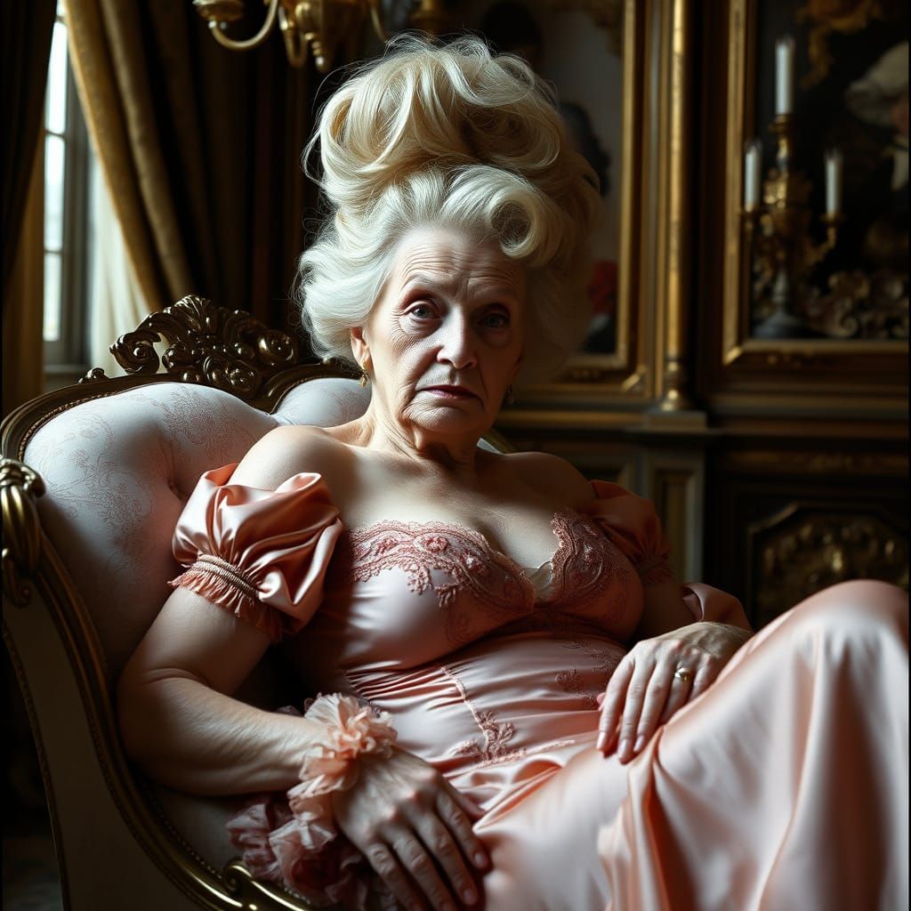 Elegant Courtesan in Lavish Nightgown, Versailles Boudoir