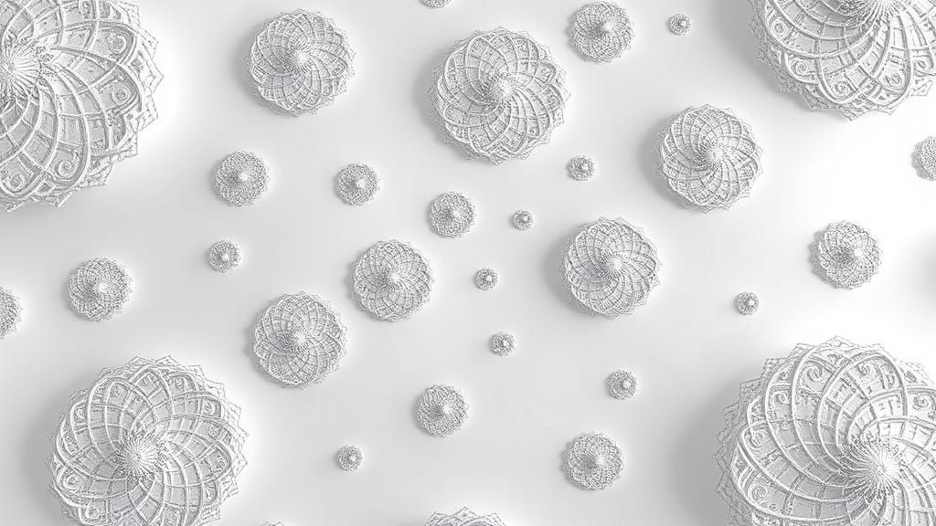 Envision a mesmerizing display of Fibonacci spirals tessellating across a pristine white surface. Fractals and intricate...