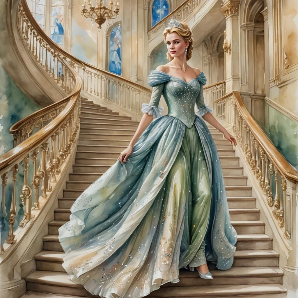 Cinderella Runs from Kingdom in Watercolor Style