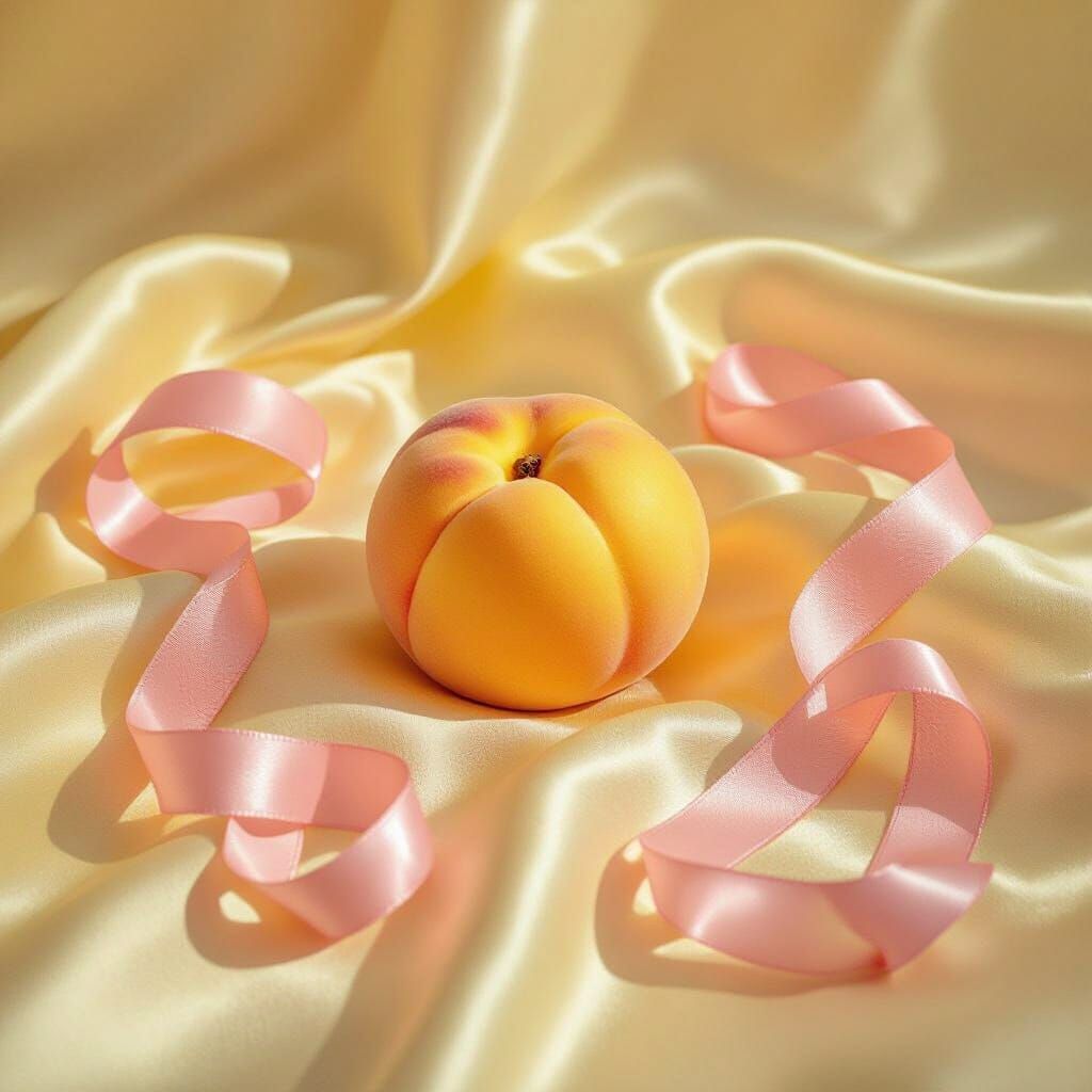 Photorealistic Peach with Ribbons in Still Life Style