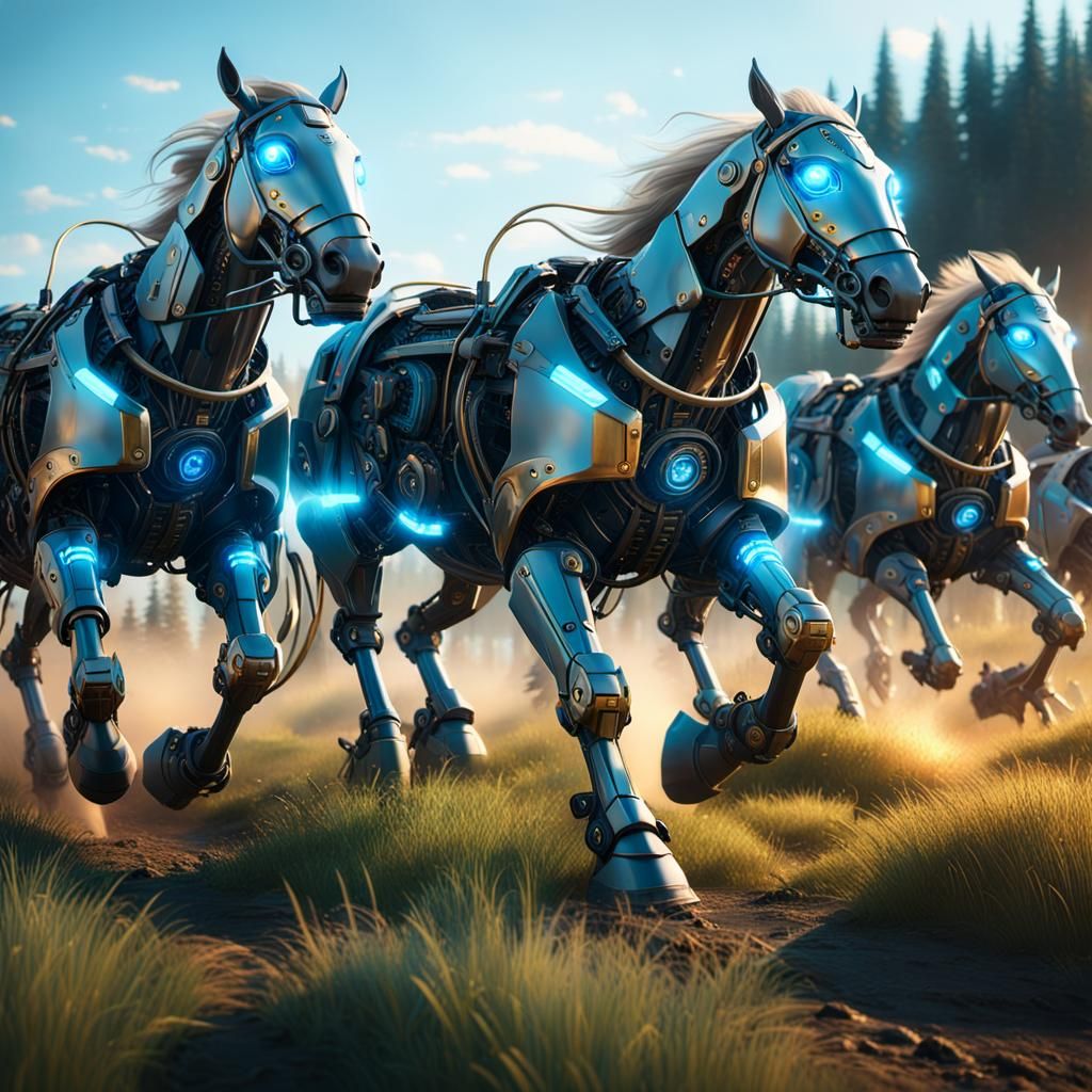 Sci-Fi Machine Horses Galloping at Golden Hour