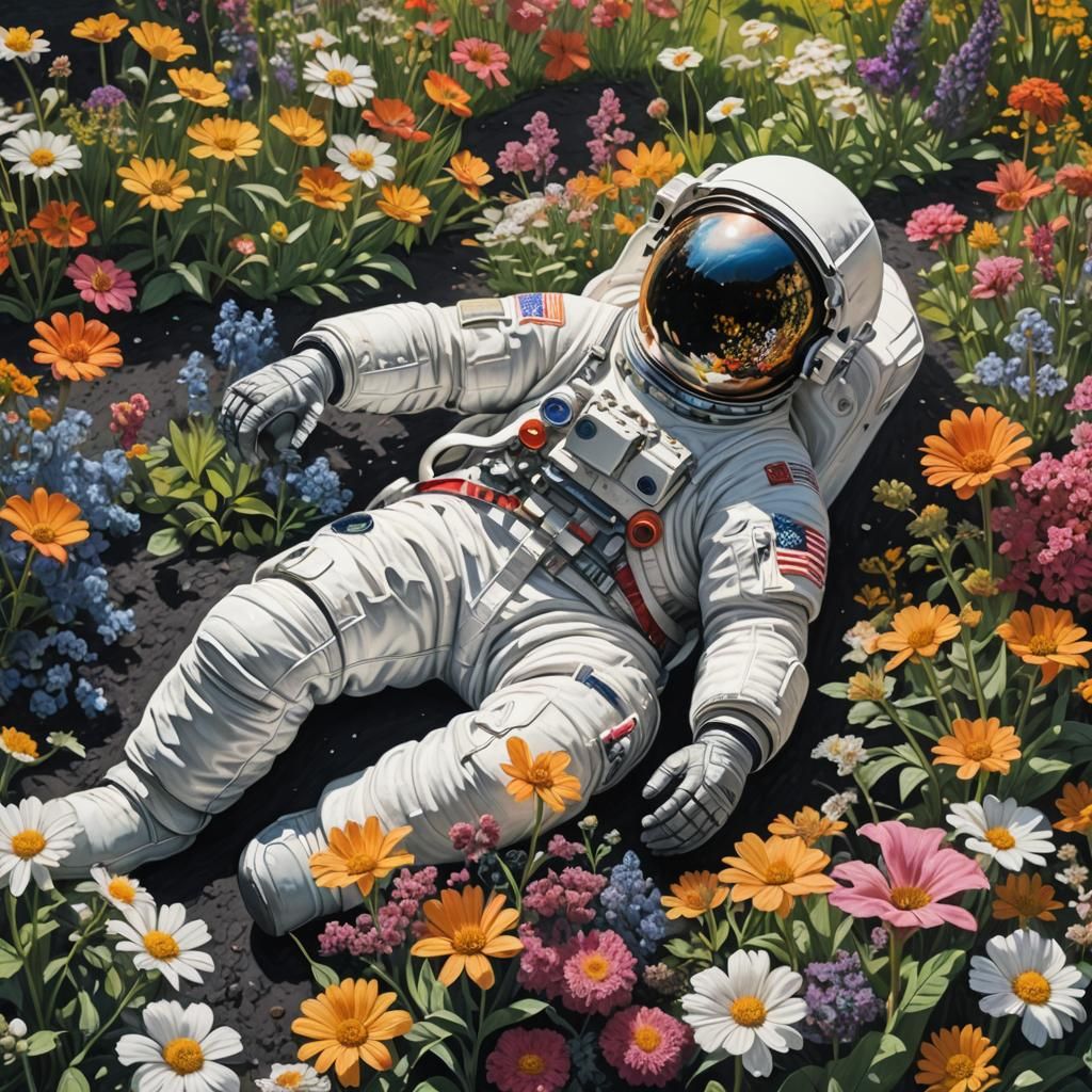 Astronaut Relaxation: A Detailed Charcoal Garden Scene