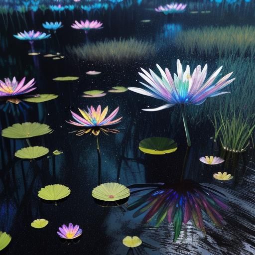 Iridescent Swamp Flowers in a Luminous Marsh