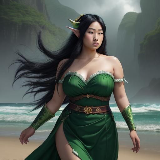 Fantasy Elf with Flowing Green Dress on Beach
