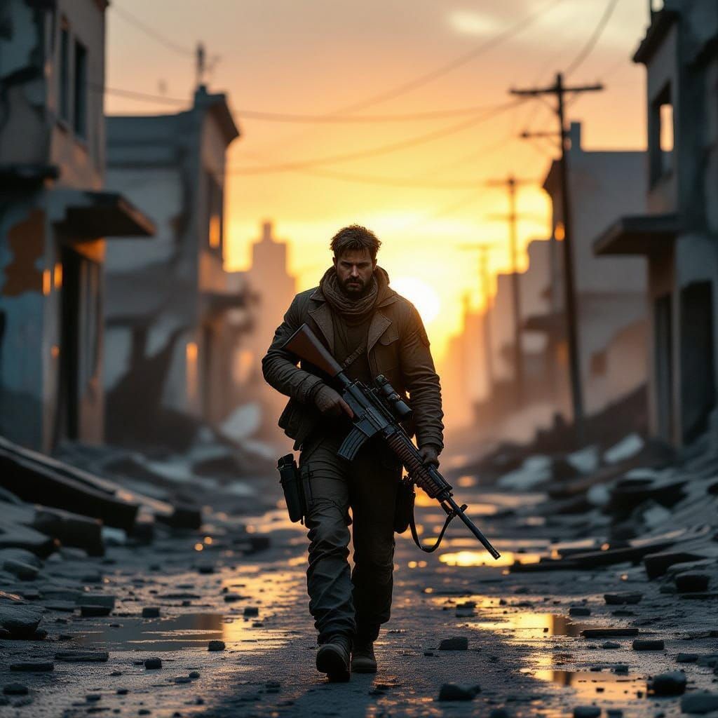 Man With Rifle in Ruined Cityscape at Dawn